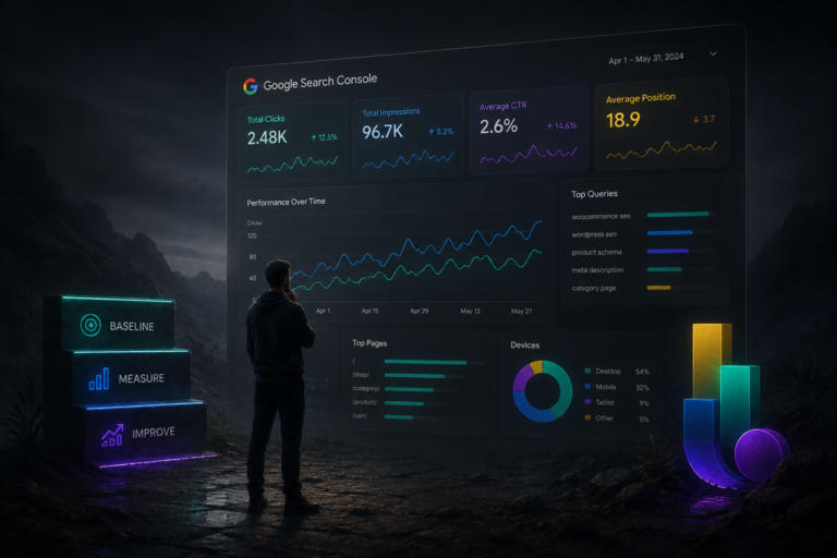 Measure WooCommerce SEO with a Search Console dashboard showing metrics, trends, and charts — Measure WooCommerce SEO