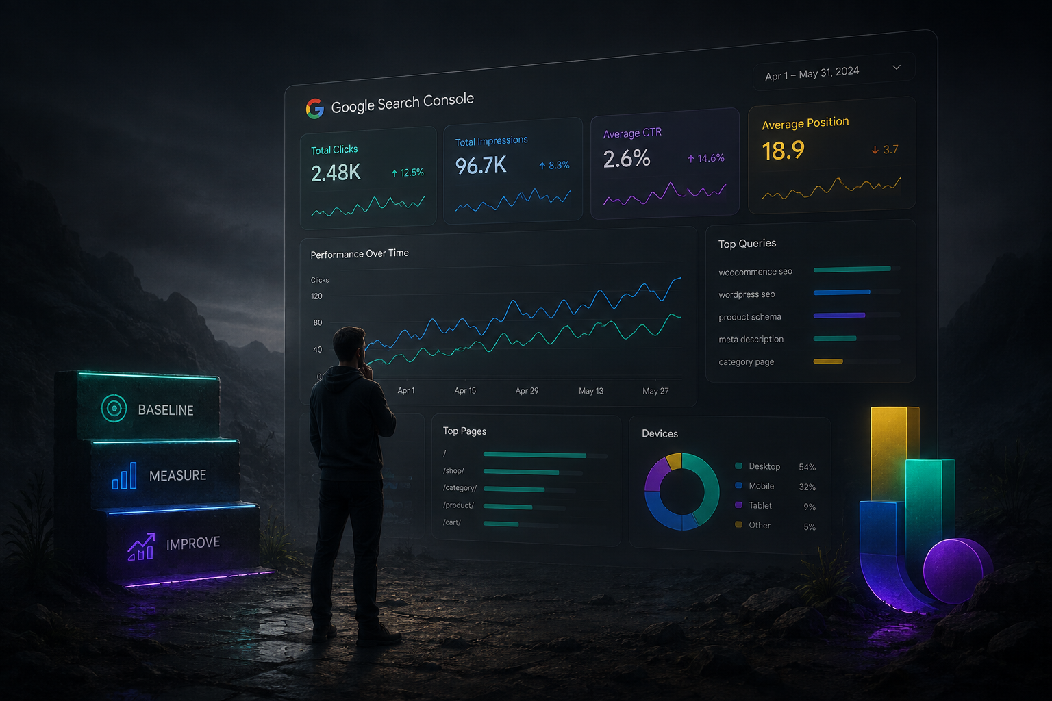 Measure WooCommerce SEO with a Search Console dashboard showing metrics, trends, and charts — Measure WooCommerce SEO