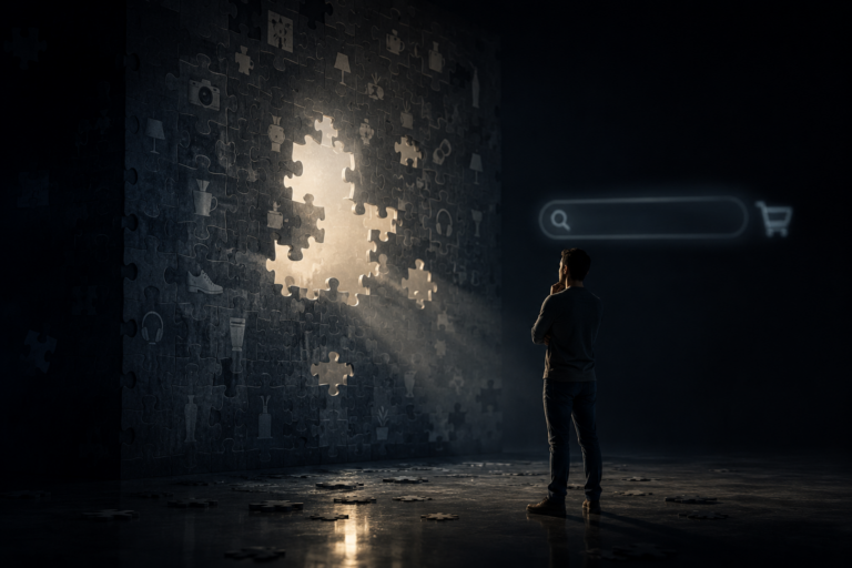 Person examining a dark wall with a search bar, showing Google can't sell a photo it can't read. — Google can’t sell a photo