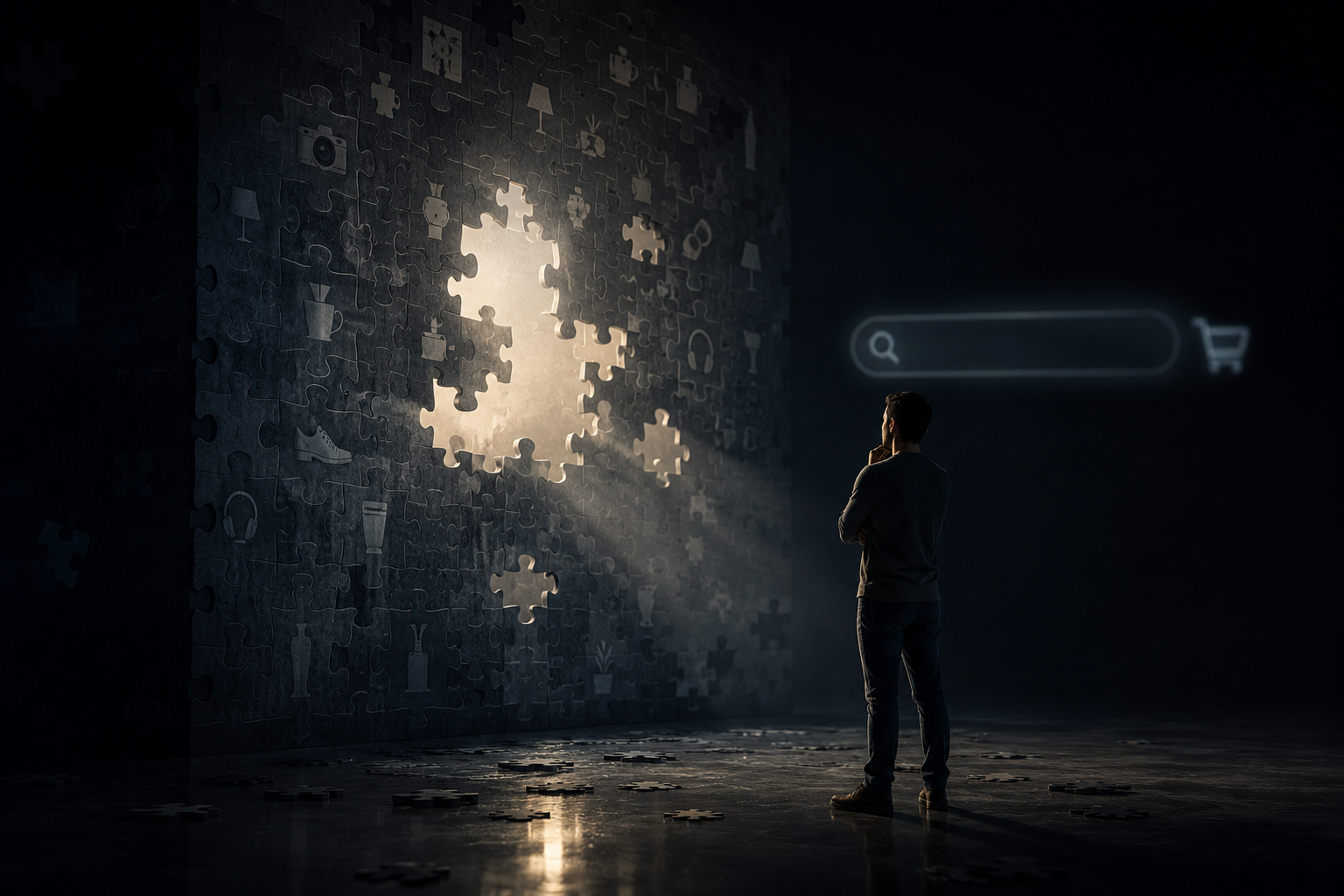 Person examining a dark wall with a search bar, showing Google can't sell a photo it can't read. — Google can’t sell a photo