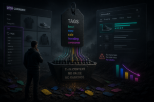 WooCommerce tags: the quiet ranking killer shown as tag labels, dashboards, and declining search charts