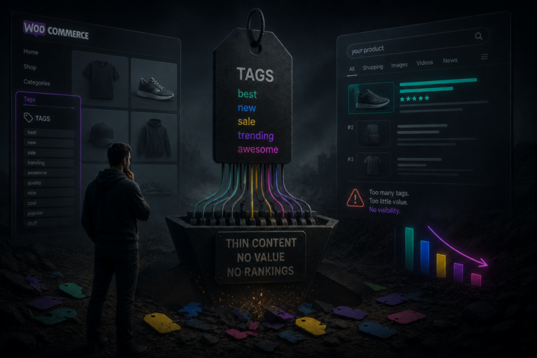 WooCommerce tags: the quiet ranking killer shown as tag labels, dashboards, and declining search charts