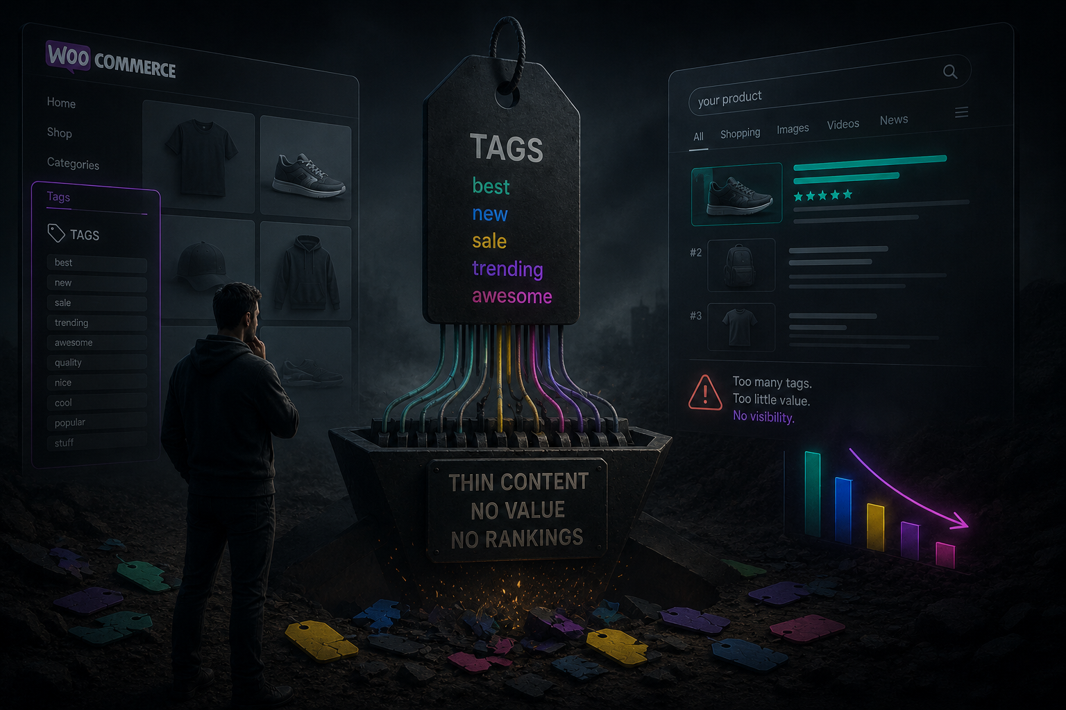WooCommerce tags: the quiet ranking killer shown as tag labels, dashboards, and declining search charts
