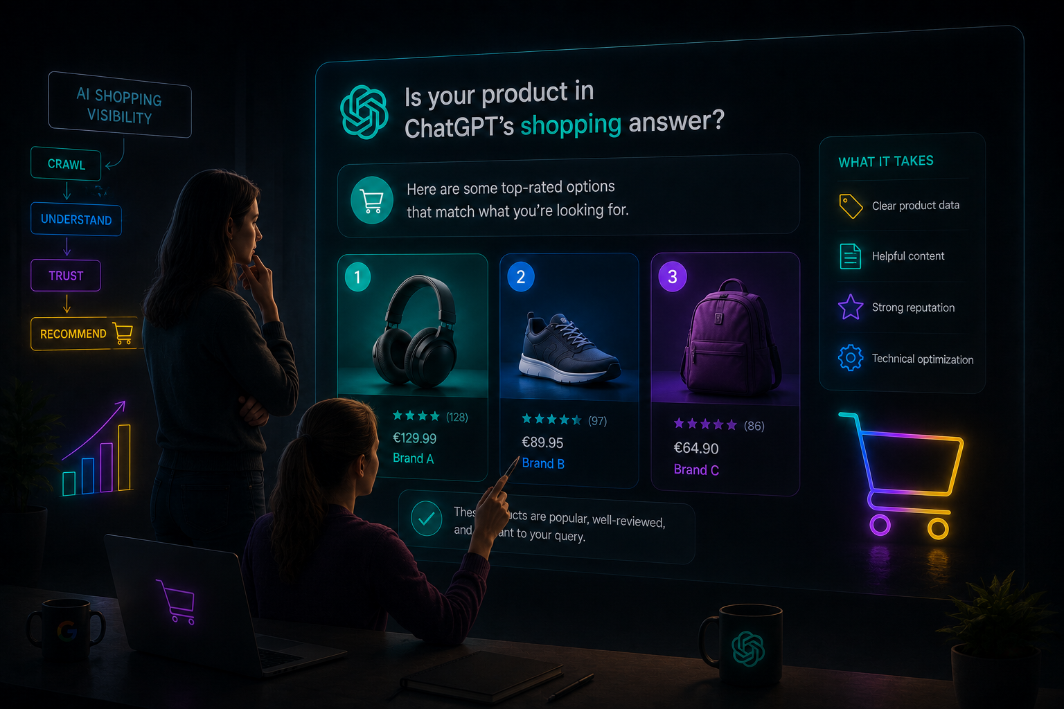 People view product cards on a screen showing a ChatGPT shopping answer — Is your product in ChatGPT’s shopping answer?