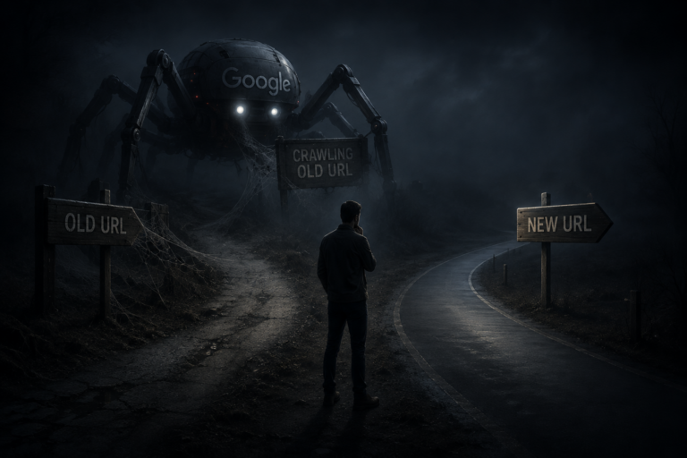 A crawler stands between old and new URL signs, illustrating WooCommerce 301s: Google still crawls old URLs