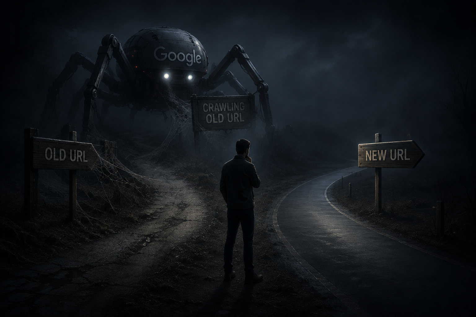 A crawler stands between old and new URL signs, illustrating WooCommerce 301s: Google still crawls old URLs