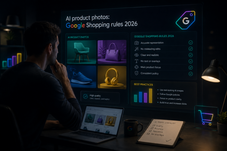 AI product photos and Google Shopping rules 2026 displayed on a monitor in a dark workspace — AI product photos: Google