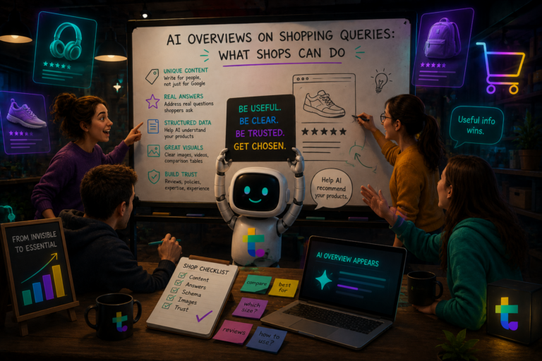Team discussing AI Overviews on shopping queries around a presentation screen and robot — AI Overviews on shopping queries