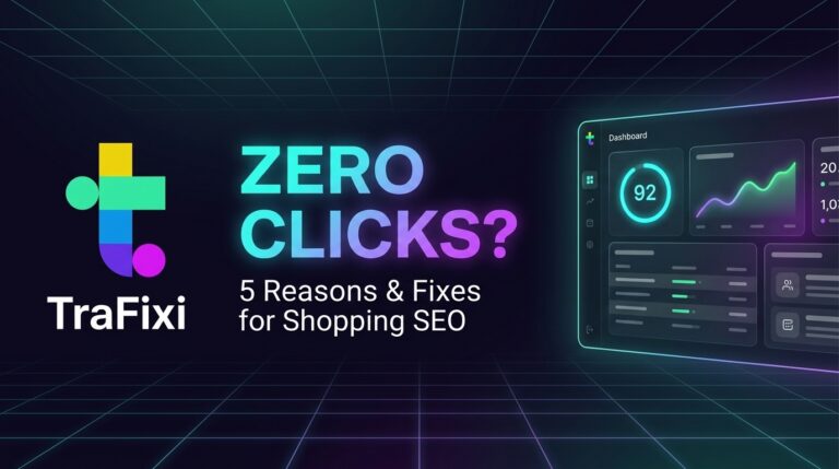 Zero-clicks dashboard illustrating stalled shopping query traffic and five SEO reasons for low clicks