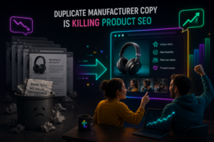Duplicate manufacturer copy is killing product SEO as copied content affects a headphone product page