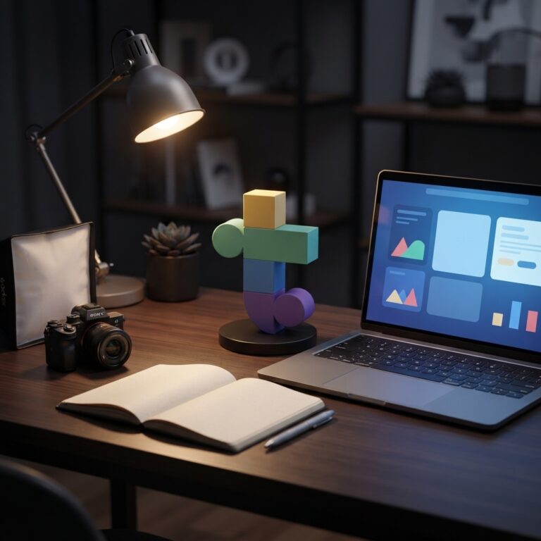 WooCommerce Product SEO planning workspace with a laptop, notebook, desk lamp, and analytics interface — WooCommerce Product